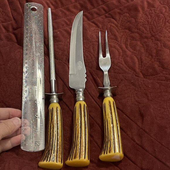 Vintage Bakelite‎ Englishtown Cutlery Carving Set Stag Handle Sheffield England